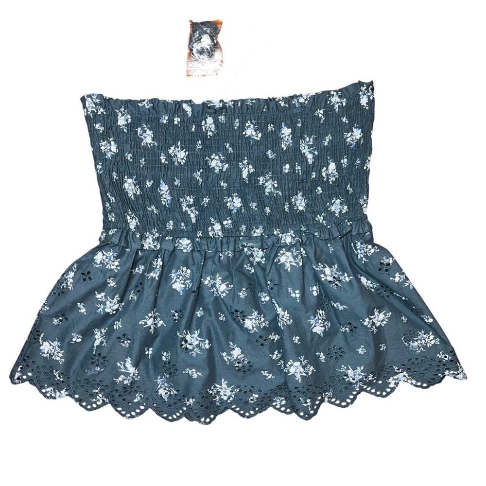 Sim & Sam Navy Blue Floral Tube Tank Top Eyelet Lace Ruffle Smocked NWT Large